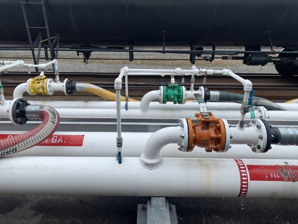 Color-coded fuel transfer piping and hose connections designed to prevent cross-contamination during multi-product unloading.